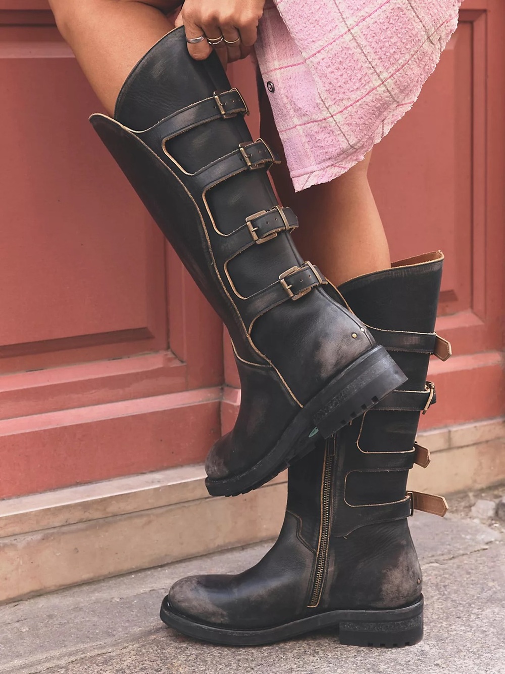 Free people We The Free Beckett Biker Boots black distressed leather